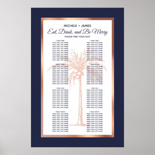 Gold Palm Tropical Wedding Seating Chart für Rose Poster (Vorne)