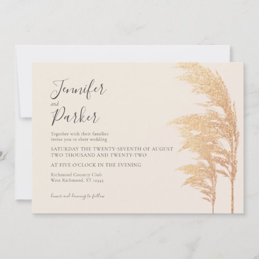 Gold Pampas Boho Rustic Woodsy Wedding Einladung (Vorderseite)