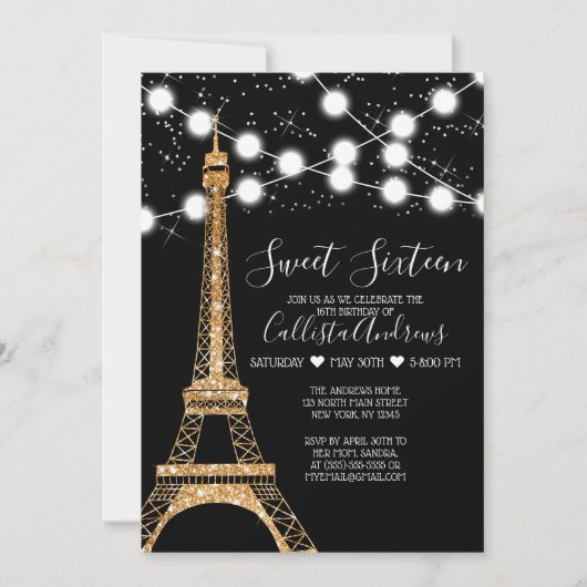 Gold Paris Eiffel Tower Glitzer Lights Sweet 16 Einladung (Vorderseite)