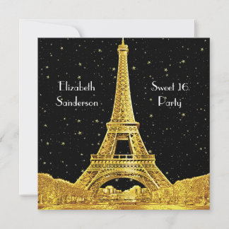 Gold Paris France Skyline #2 Bk Starry Sweet 16 SQ Einladung