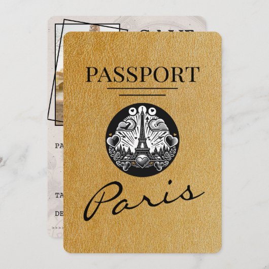 Gold Paris Passport Save the Date (Vorne/Hinten)