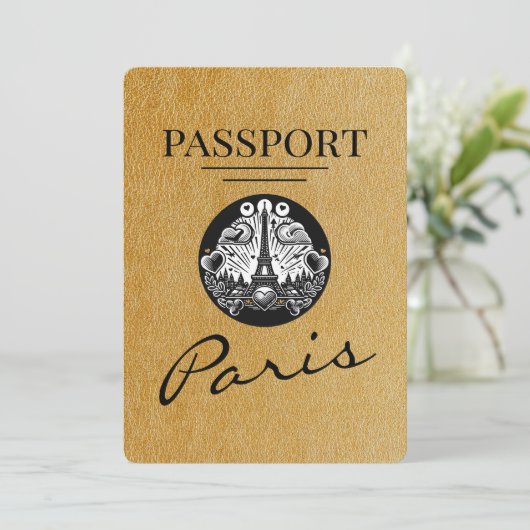Gold Paris Passport Save the Date (Stehend Vorderseite)