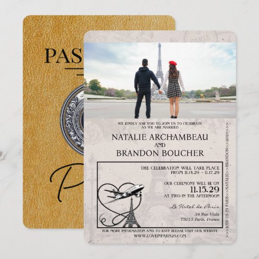 Gold Paris Reisepass Hochzeit Einladung (Vorne/Hinten)