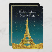 Gold Paris Skyline #2 Aquamarine Starry Sweet 16 V Einladung (Vorne/Hinten)