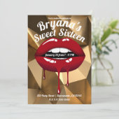 Gold Party Luxuriöse Red Dripping Lips Sweet 16 Einladung (Stehend Vorderseite)