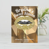 Gold Party Luxuriöser Glitzer Tropfen Lippen Sweet Einladung (Stehend Vorderseite)