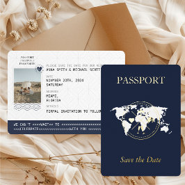 Gold Passport Navy Destination Foto Save the Date Folieneinladung