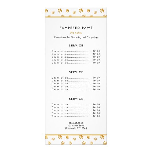Gold Paw druckt Berufliche Pet Salon Services Werbekarte (Hinten)