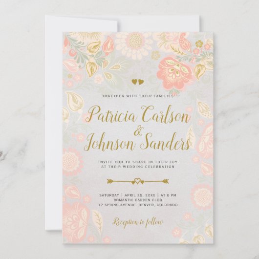 Gold Peach and Blush Spring Blooms Wedding Gray Einladung (Vorderseite)