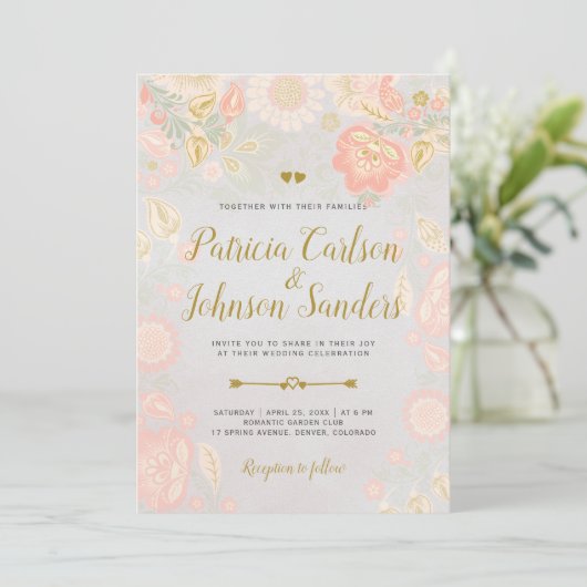 Gold Peach and Blush Spring Blooms Wedding Gray Einladung (Stehend Vorderseite)