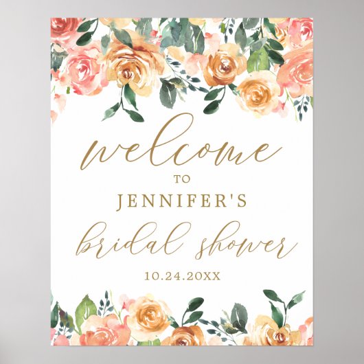 Gold Peach Floral Brautparty Begrüßungspaket Poster (Vorne)