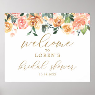 Gold Peach Floral Hochzeitsshower Willkommensposte Poster