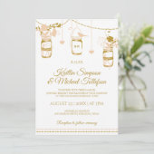 Gold & Peach Mason Jar Einladungen für Hochzeiten  (Stehend Vorderseite)