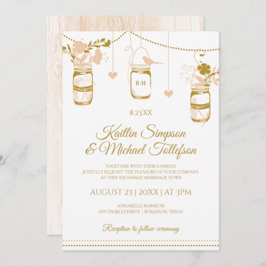 Gold & Peach Mason Jar Einladungen für Hochzeiten (Vorne/Hinten)