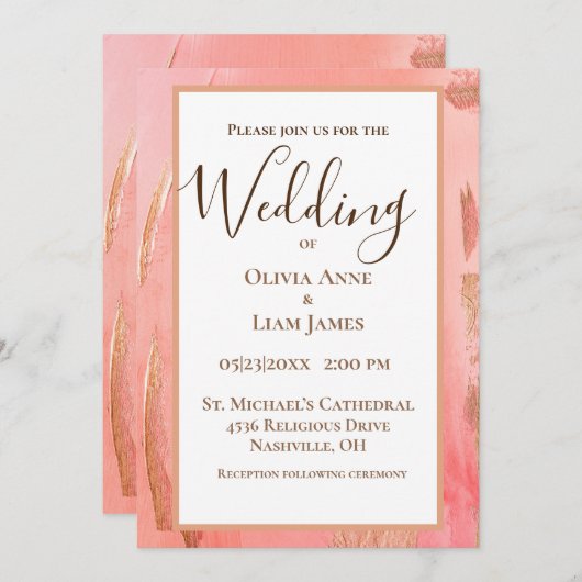 Gold Peach Modern Brown Elegante Script Hochzeit Einladung (Vorne/Hinten)