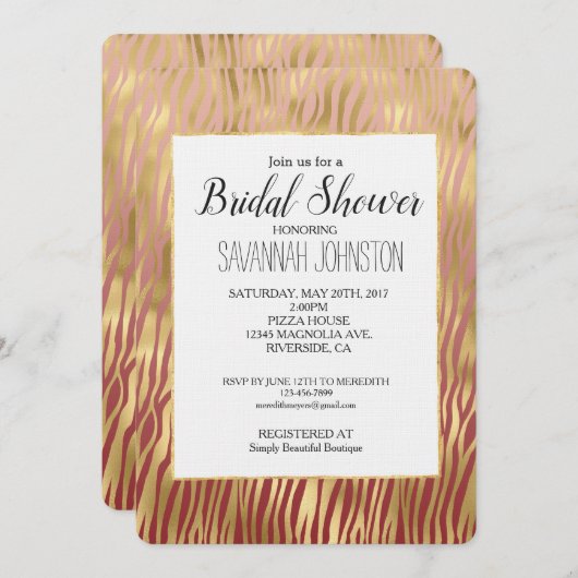 Gold Peach Zickzack Zebra Stripes Brautparty Einladung (Vorne/Hinten)