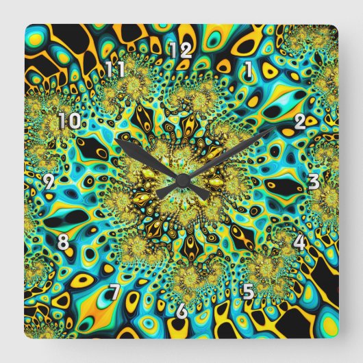 Gold Peacock Brago-Mitchell Fine Fractal Art Quadratische Wanduhr (Vorderseite)