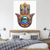 Gold Peacock Colors Hamsa Green Sapphire Third Eye Leinwanddruck (Insitu (Schlafzimmer))