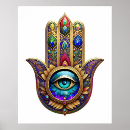 Gold Peacock Colors Hamsa Green Sapphire Third Eye Poster