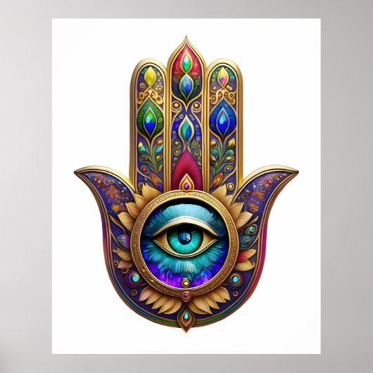 Gold Peacock Colors Hamsa Green Sapphire Third Eye Poster (Vorne)