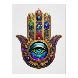 Gold Peacock Colors Hamsa Green Sapphire Third Eye Poster