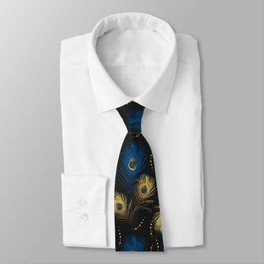 Gold Peacock Feather Black Blue Mens Necktie Krawatte (Gebunden)