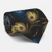 Gold Peacock Feather Black Blue Mens Necktie Krawatte (Gerollt)