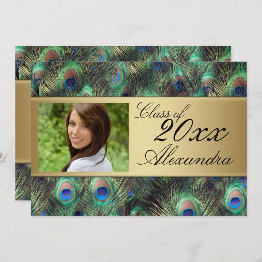 Gold Peacock Feather Elegant Graduation Einladung (Vorne/Hinten)