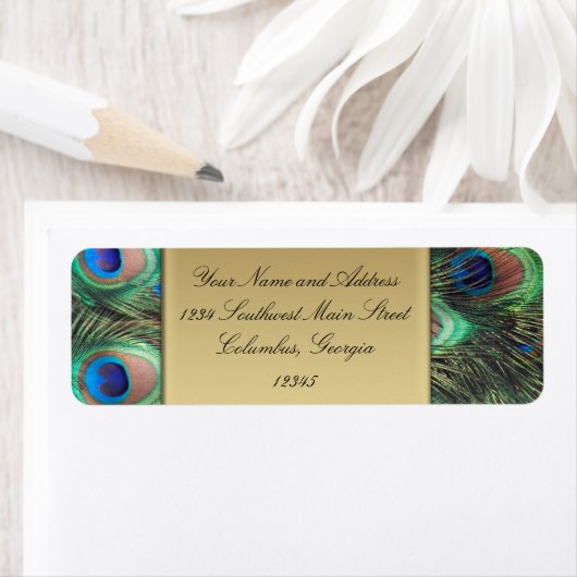 Gold Peacock Feather Elegantes Adressetikett (Insitu)