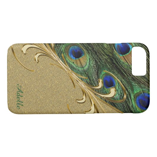 Gold Peacock Feather iPhone 7Plus Monogram Case (Rückseite (Horizontal))