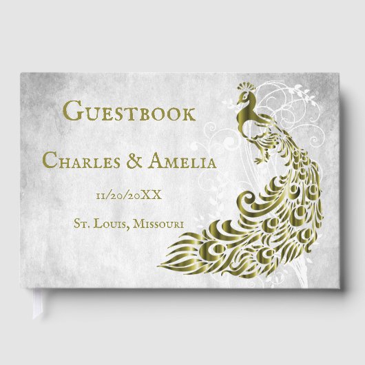 Gold Peacock Leaf Vine Wedbook Gästebuch (Vorderseite)