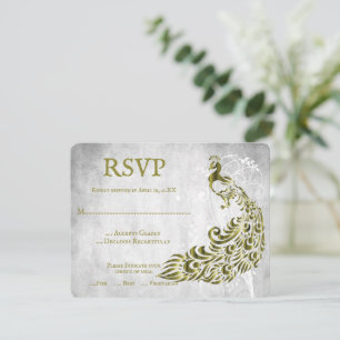 Gold Peacock Leaf Vine Wedding RSVP Card Karte