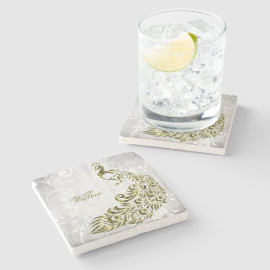 Gold Peacock Personalisiert Stone Untersetzer (Seitenansicht)