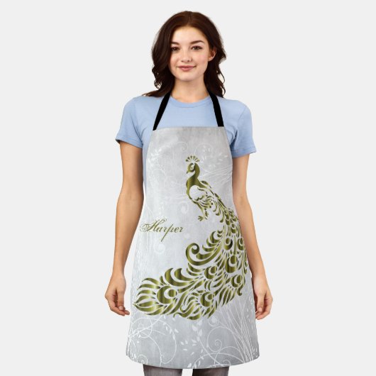Gold Peacock Personalisierte All-over-Print-Schürz Schürze (Getragen)