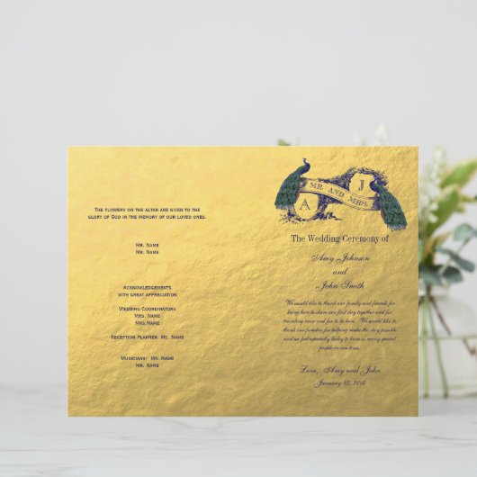 Gold Peacock Wedding Program (Stehend Vorderseite)