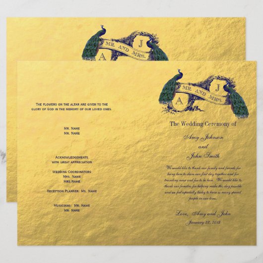Gold Peacock Wedding Program (Vorne/Hinten)