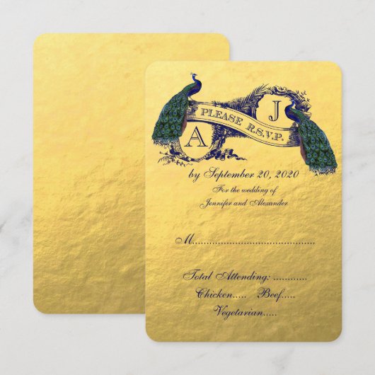 Gold Peacock Wedding RSVP Card Karte (Vorne/Hinten)