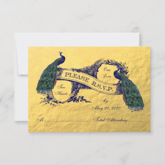 Gold Peacock Wedding RSVP Card Karte (Vorderseite)