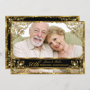 Gold Pearl Damask Foto 50. Hochzeitstag 2 Einladung