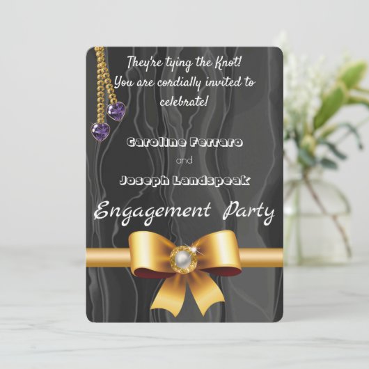 Gold Pearl Ribbon, Herz-Gemische-Kette auf schwarz Einladung (Stehend Vorderseite)