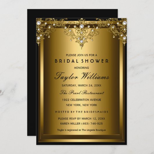 Gold Pearl Vintag Glamour Brautparty Einladung (Vorne/Hinten)