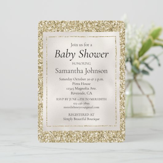 Gold Pearl White Glitzy Glitzer Babydusche Einladung (Stehend Vorderseite)
