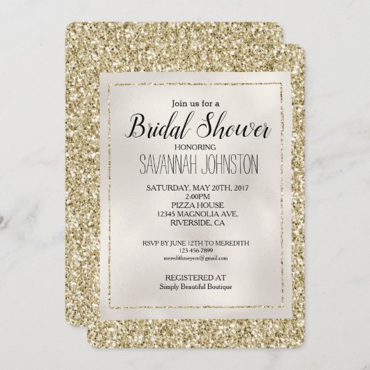 Gold Pearl White Glitzy Glitzer Einladung (Vorne/Hinten)