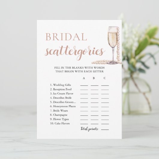 Gold Pearls and Prosecco Bridal Scattegories Game Einladung (Stehend Vorderseite)