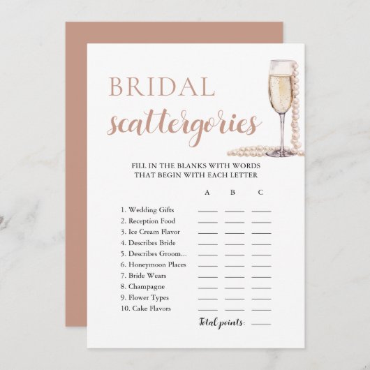 Gold Pearls and Prosecco Bridal Scattegories Game Einladung (Vorne/Hinten)