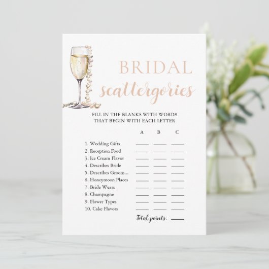 Gold Pearls and Prosecco Bridal Scattegories Game Einladung (Stehend Vorderseite)