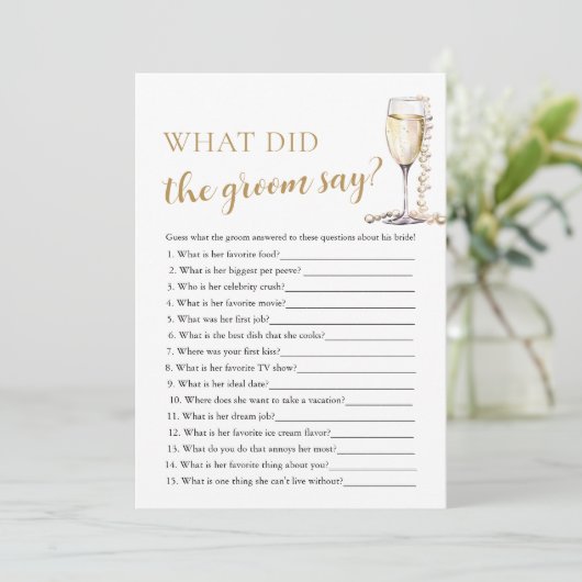 Gold Pearls & Prosecco Was hat der Groom gespielt Einladung (Stehend Vorderseite)