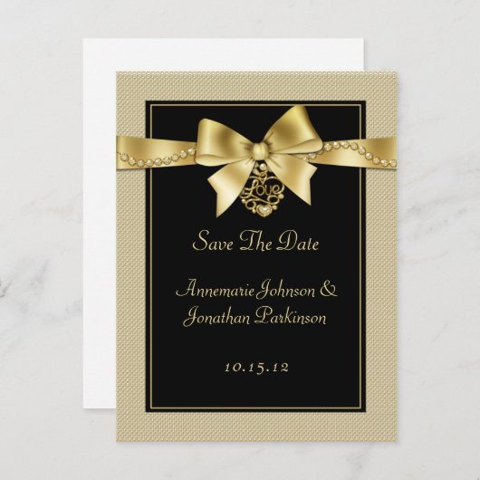 Gold Pearls Ribbon auf schwarz Save the Date Ankündigungspostkarte (Vorne/Hinten)