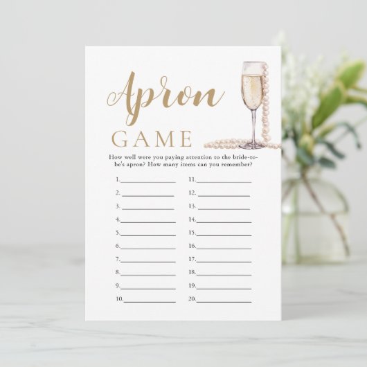 Gold Pearls und Prosecco Brautparty Schürze Game Einladung (Stehend Vorderseite)