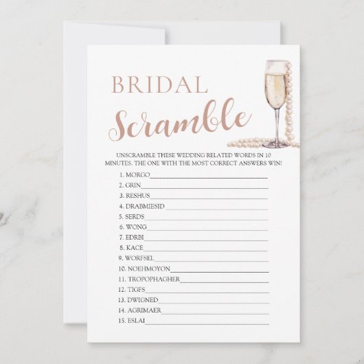 Gold Pearls und Prosecco Bridal Word Scramble Game Einladung (Vorderseite)